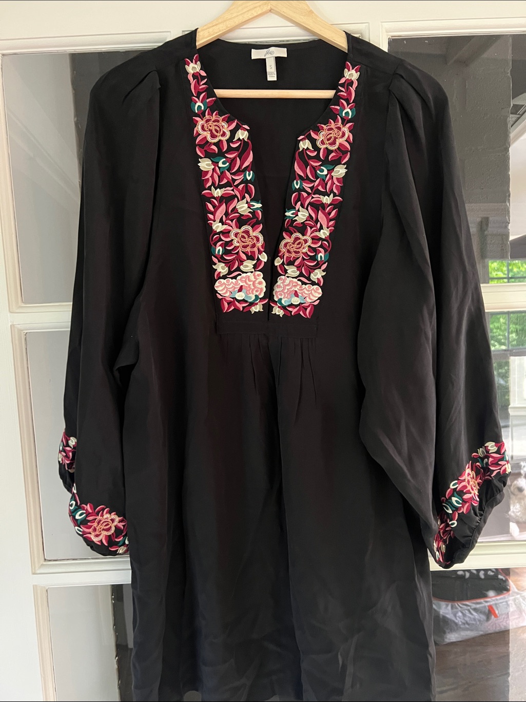 Joie Silk Embroidered V-Neck Tunic Dress Floral Billow Sleeves